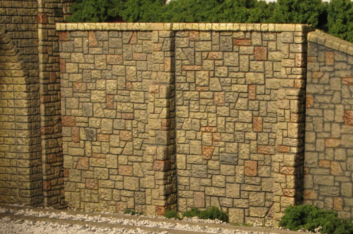 Monroe Models 208 random stone retaining wall, manufacturer painted layout example; adjacent structures, track and scenery not included.