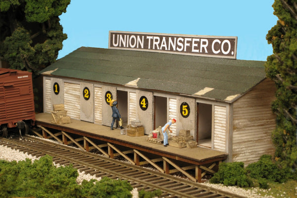Monroe Models 2221 HO Union Transfer Co. backdrop kit, assembled and painted example; train, figures and scenery not included