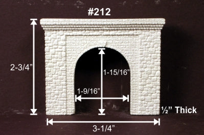 Monroe Models 212 N scale random-stone single-track tunnel portal. Manufacturer dimension photograph: overall 3-1/4 inches wide by 2-3/4 inches high, opening 1-9/16 inches wide by 1-15/16 inches high, 1/2 inch thick.