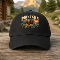 Montana heritage badge on a black embroidered dad hat outdoors