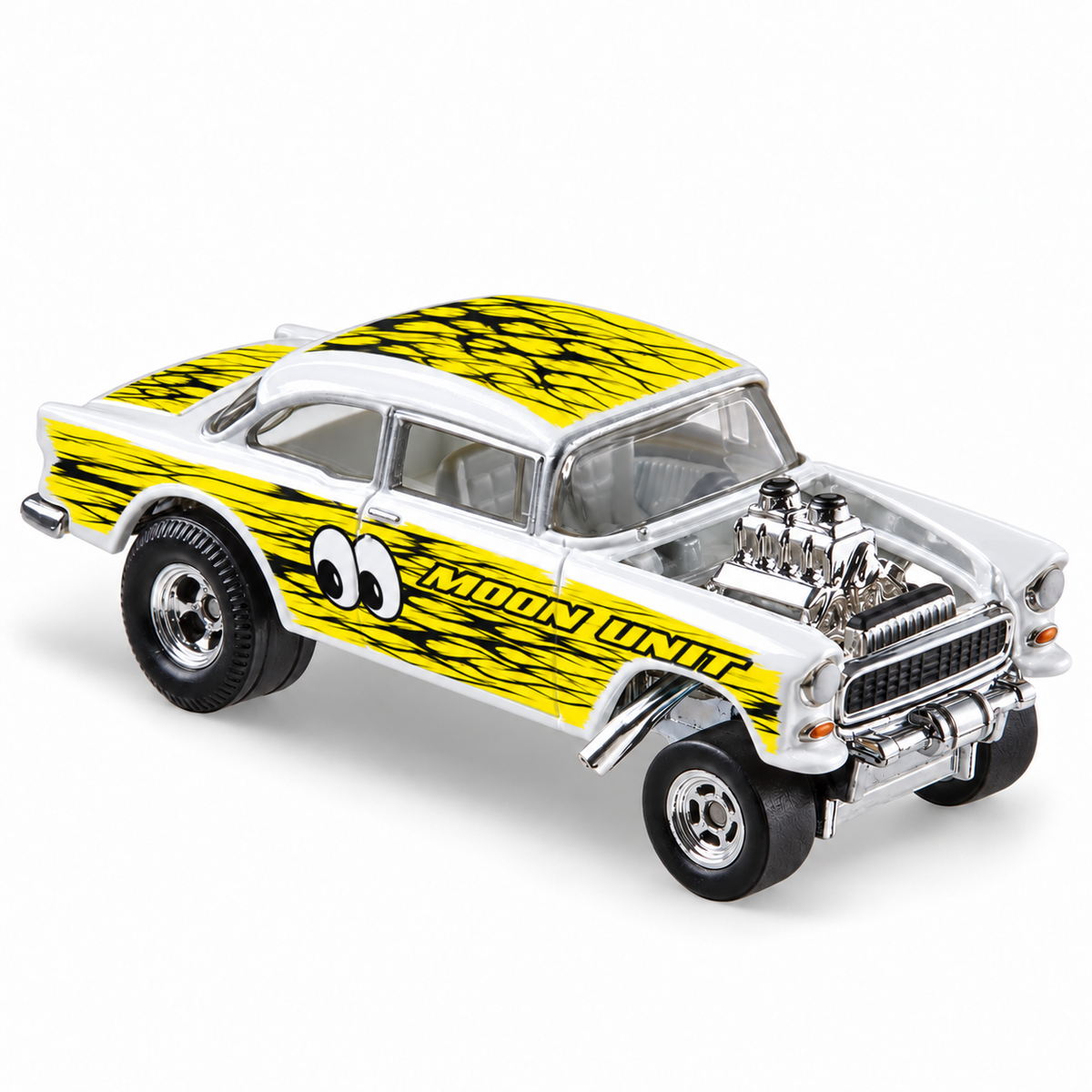 Moon Unit Original Yellow decal application mockup on the Hot Wheels ’55 Chevy Gasser, with exposed engine and casting wheel openings.