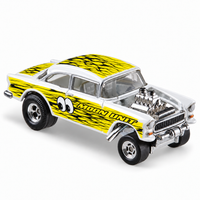 Moon Unit Original Yellow decal application mockup on the Hot Wheels ’55 Chevy Gasser, with exposed engine and casting wheel openings.