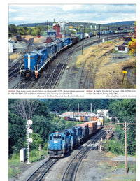 Publisher preview from Boston and Maine In Color Volume 4, showing freight trains at East Deerfield