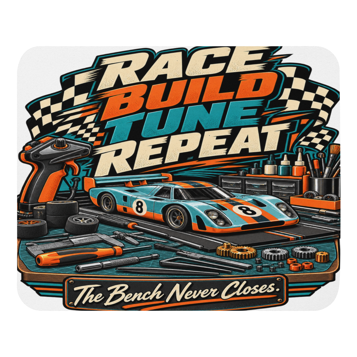Race Build Tune Repeat Mouse Pad product mockup