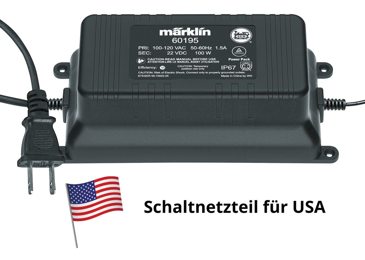 Märklin 60195 120V 100 VA switched-mode power pack with US power plug.