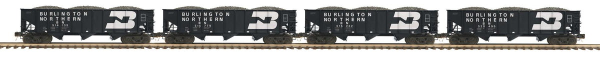 MTH 20-92362 O scale Burlington Northern set of four 70-ton three-bay hoppers with loads