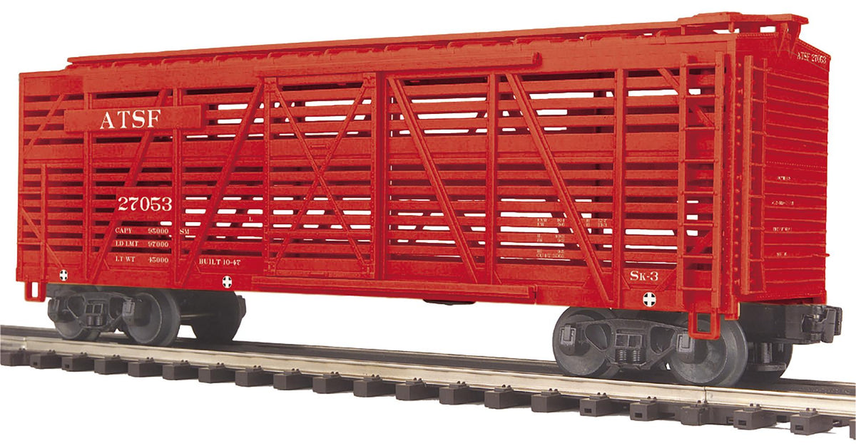 MTH 20-94729 O scale Santa Fe red steel-sided stock car, manufacturer model view
