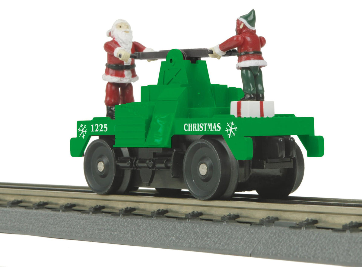MTH 30-5256 O gauge green Christmas operating hand car with Santa and elf figures