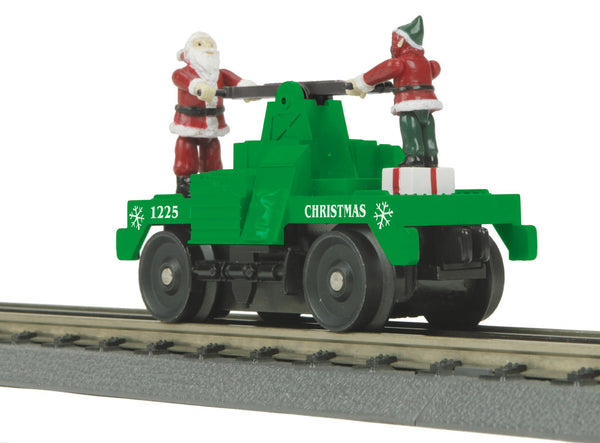 MTH 30-5256 O gauge green Christmas operating hand car with Santa and elf figures