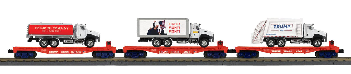 MTH 30-70150 O gauge Donald J. Trump three-car flatcar set with tanker, box truck and garbage truck loads