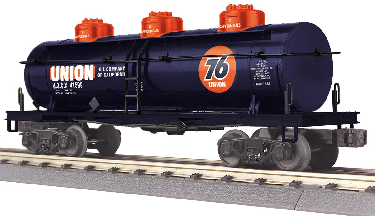 MTH 30-73662 O gauge Union 76 dark blue three-dome tank car with orange domes