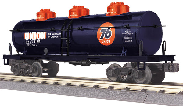 MTH 30-73662 O gauge Union 76 dark blue three-dome tank car with orange domes