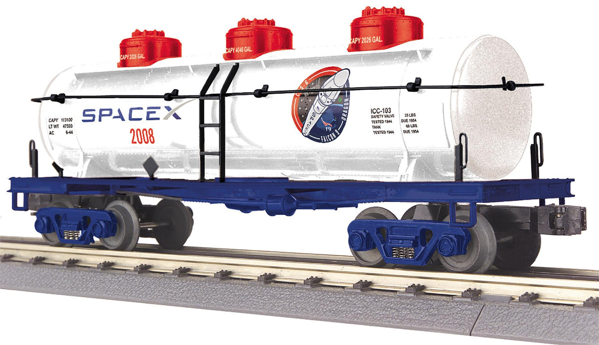 MTH 30-73664 O gauge SpaceX white three-dome tank car with red domes and blue frame