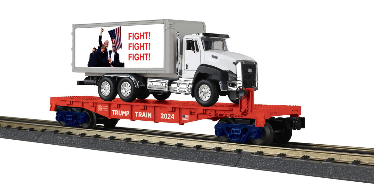 MTH 30-76937 O gauge Donald J. Trump flat car carrying a white box truck