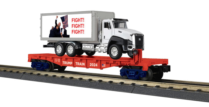MTH 30-76937 O gauge Donald J. Trump flat car carrying a white box truck