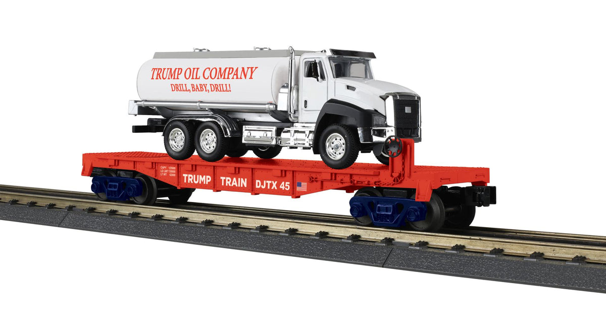 MTH 30-76938 O gauge Donald J. Trump flat car carrying a white tanker truck