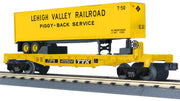 MTH 30-76960 O gauge TTX flat car carrying a yellow Lehigh Valley 40-foot trailer