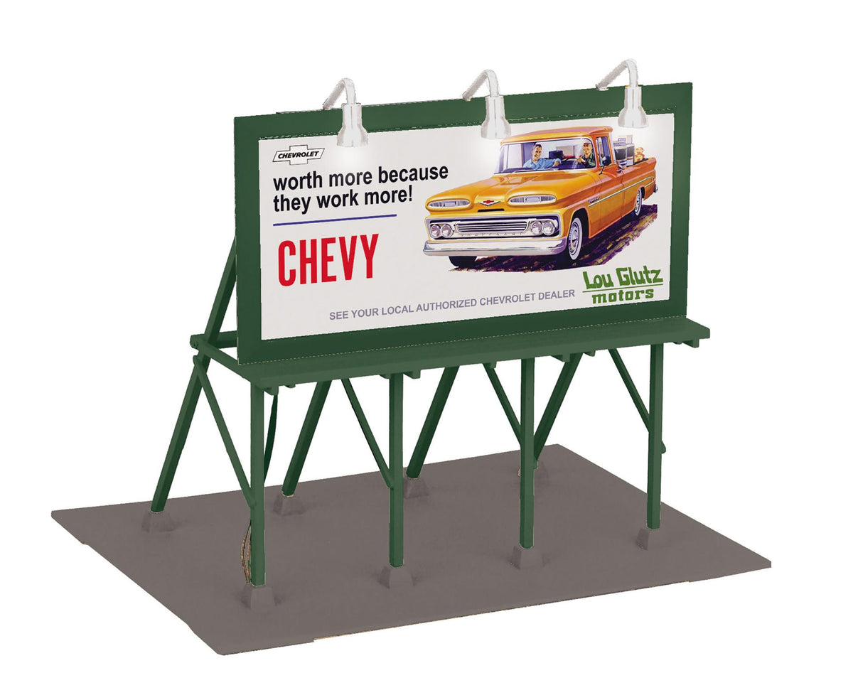 MTH 30-90746 O scale Lou Glutz Motors lighted billboard with vintage Chevrolet truck advertising