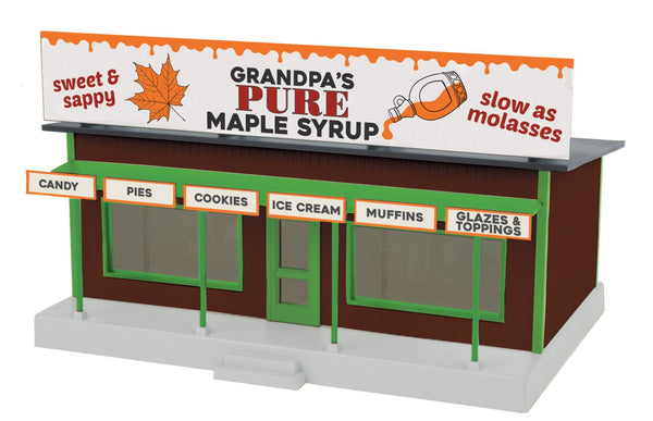 MTH 30-90636 O gauge Grandpa's Maple Syrup roadside stand, front and side view