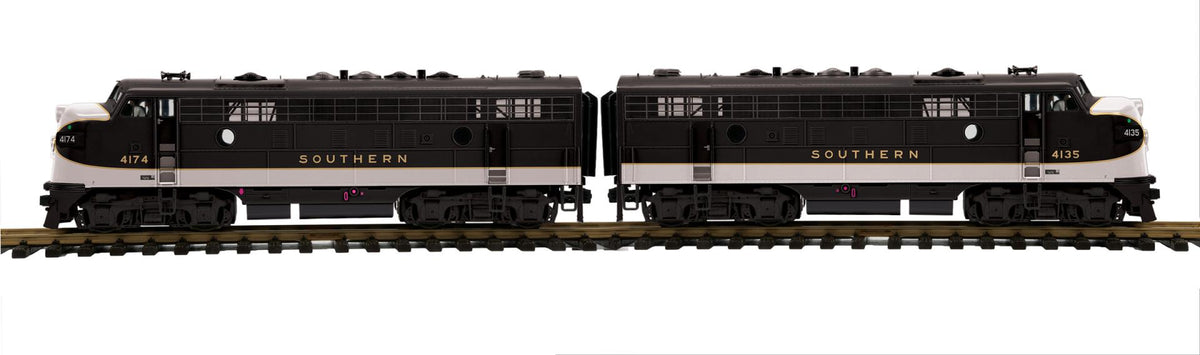 MTH 70-2170-1 Southern G gauge F-3 AA diesel set, black and white locomotives 4174 and 4135