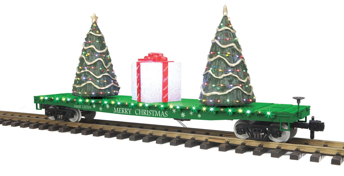 MTH 70-76068 G gauge Christmas green flat car with lighted trees and gift load, number 122524