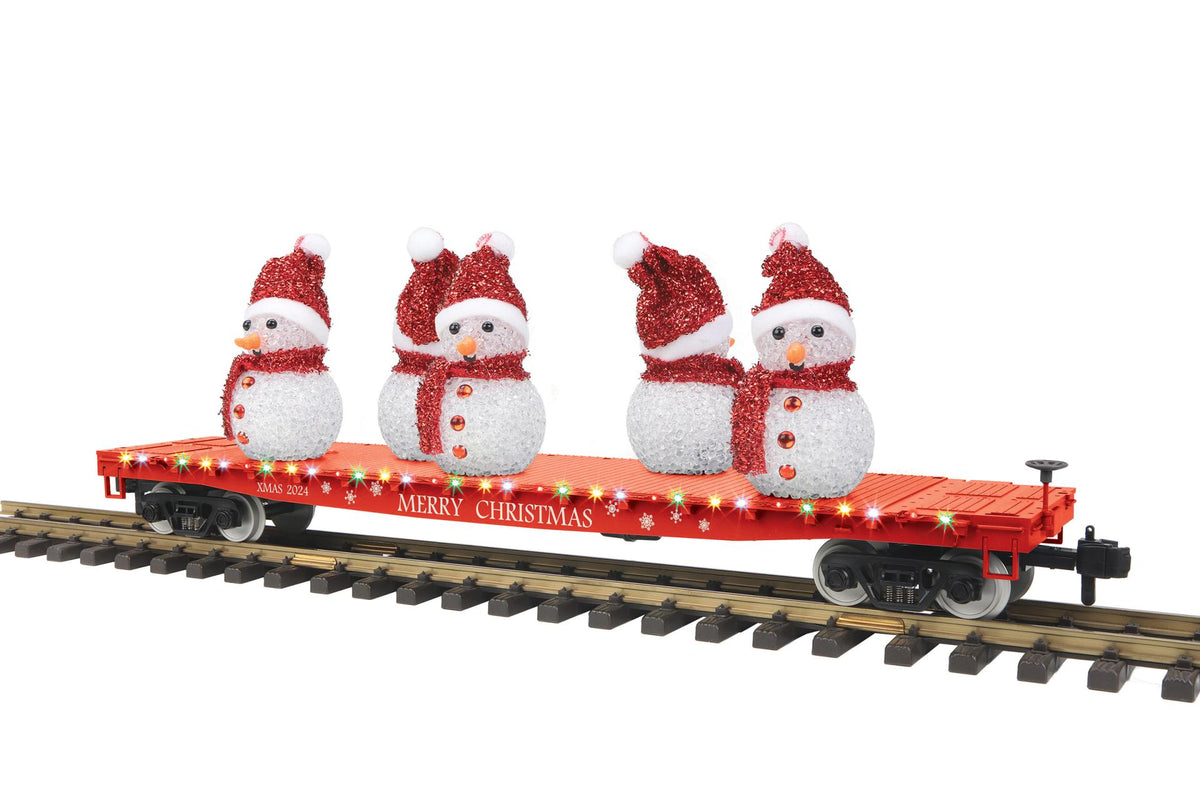 MTH 70-76069 G gauge Christmas red flat car with lighted snowmen, number 2024