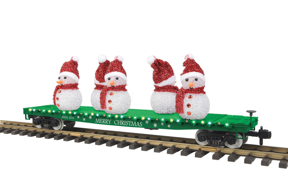 MTH 70-76070 G gauge Christmas green flat car with lighted snowmen, number 2024