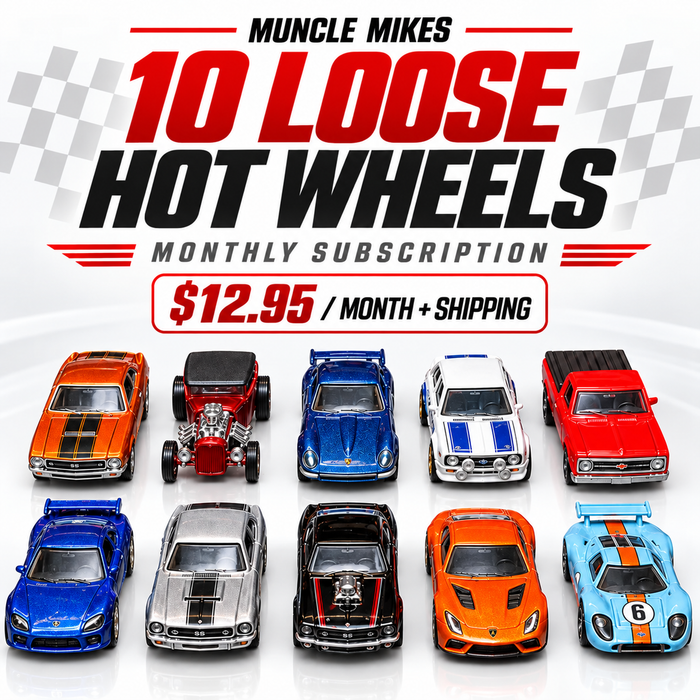 Muncle Mikes 10 loose Hot Wheels monthly subscription, $12.95 per month plus shipping, red-and-black design