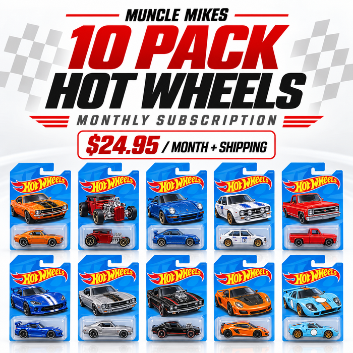 Muncle Mikes 10 new carded Hot Wheels monthly subscription, $24.95 per month plus shipping, red-and-black design