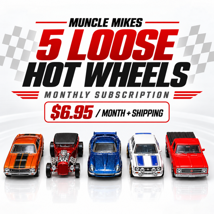 Muncle Mikes 5 loose Hot Wheels monthly subscription, $6.95 per month plus shipping, red-and-black design
