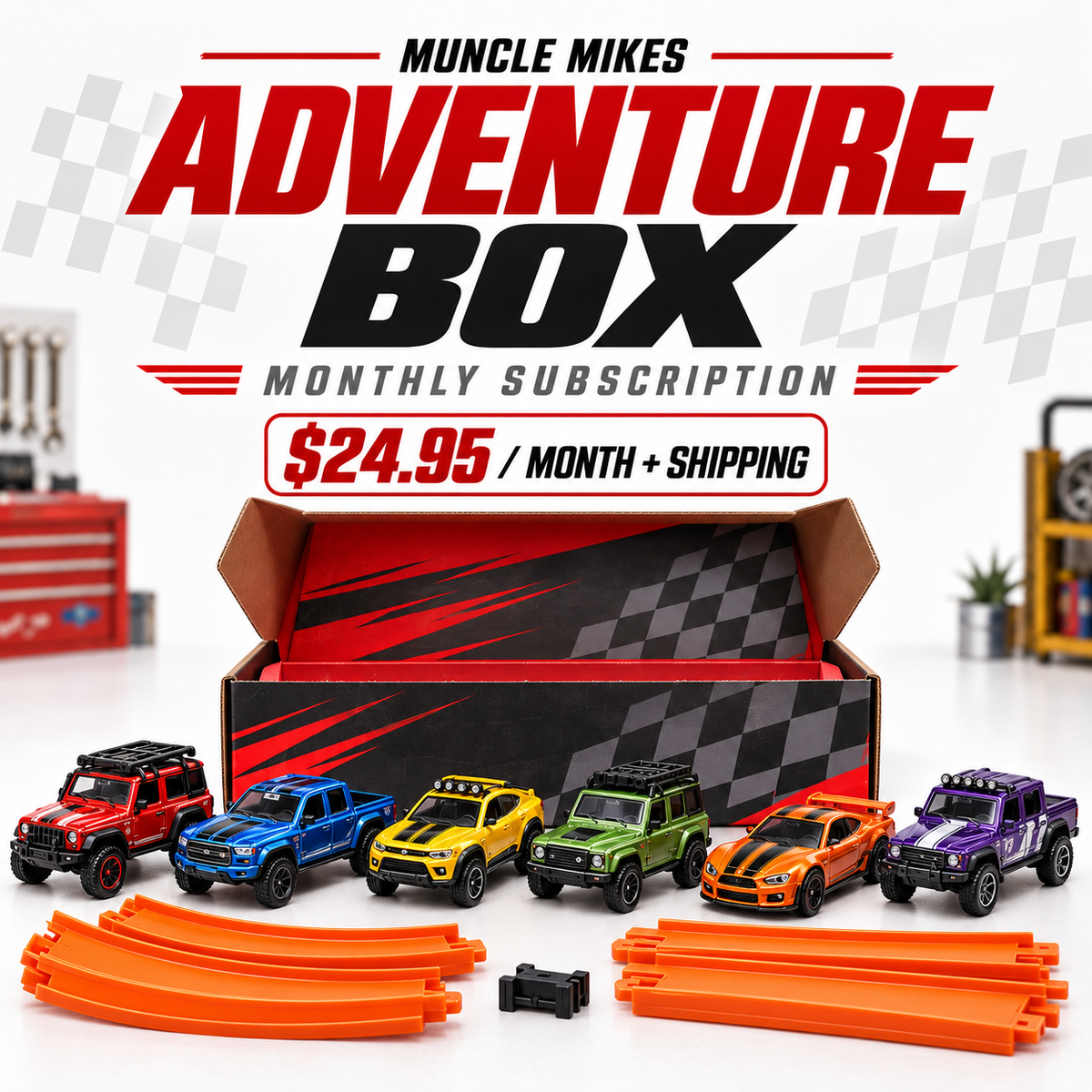 Muncle Mikes Adventure Box monthly subscription with six die-cast cars and orange track pieces, $24.95 per month plus shipping