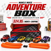 Muncle Mikes Adventure Box monthly subscription with six die-cast cars and orange track pieces, $24.95 per month plus shipping