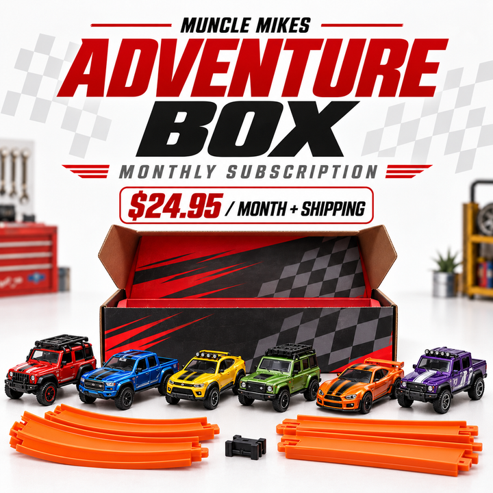 Muncle Mikes Adventure Box monthly subscription with six die-cast cars and orange track pieces, $24.95 per month plus shipping