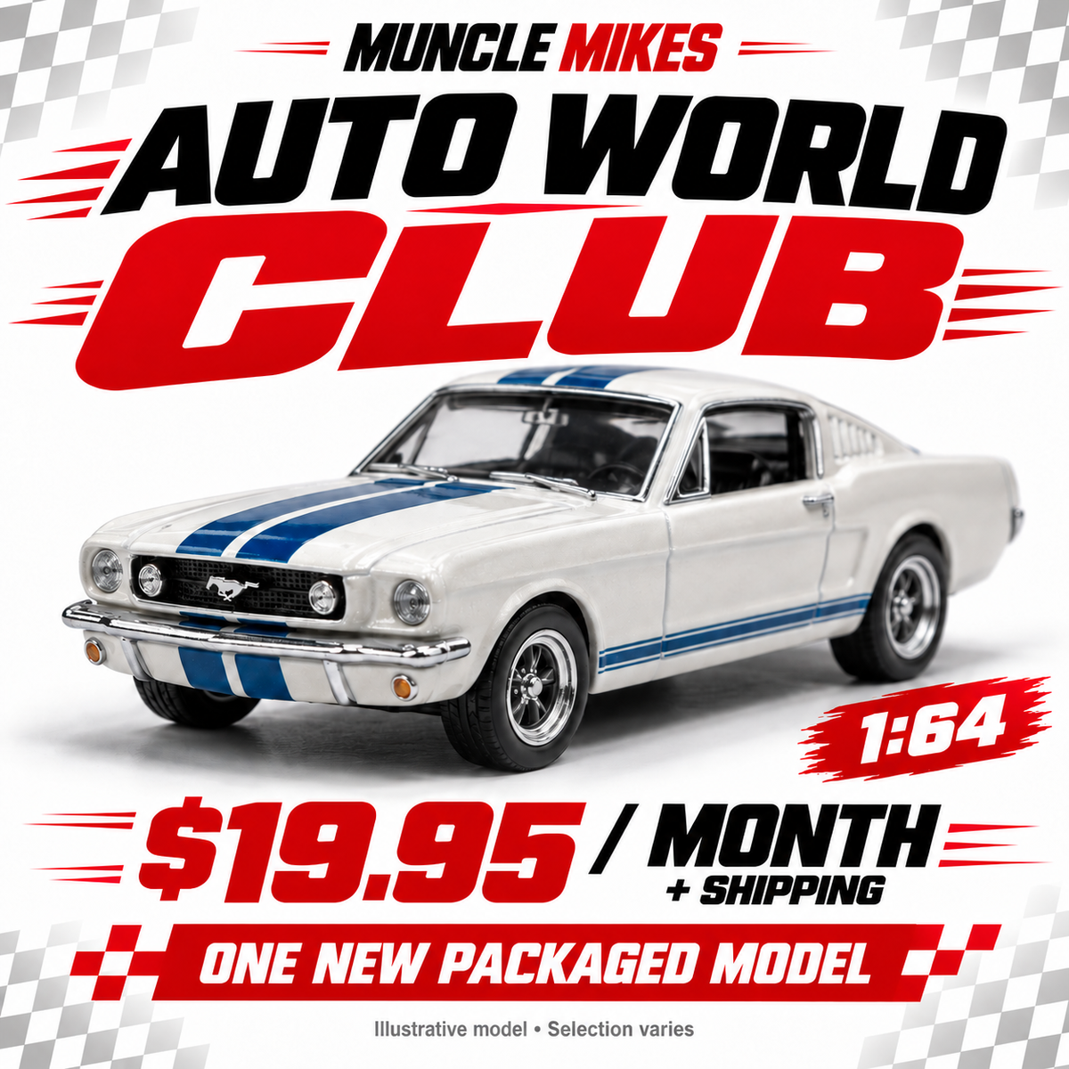 Muncle Mikes Auto World 1:64 Club — one packaged diecast model monthly; illustration, selection varies