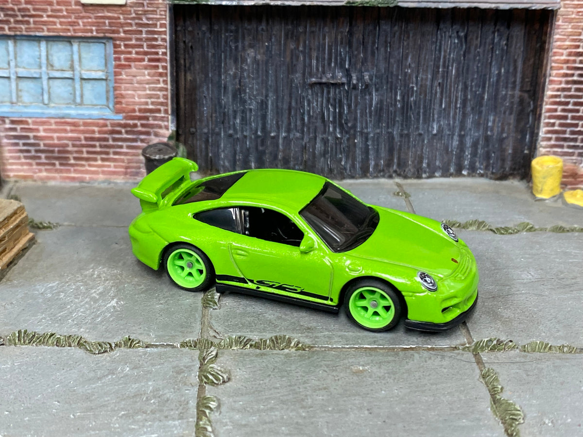 Porsche 911 GT3 RS custom Hot Wheels in lime green with green wheels and rubber tires
