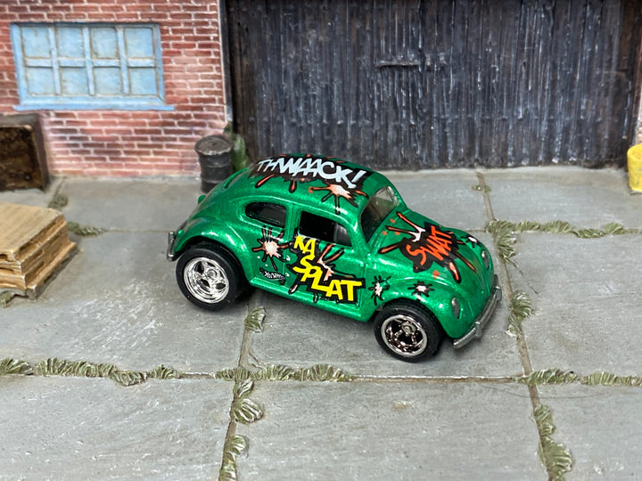 VW Bug Twaaack Ka Splat custom Hot Wheels in green with chrome wheels and rubber tires