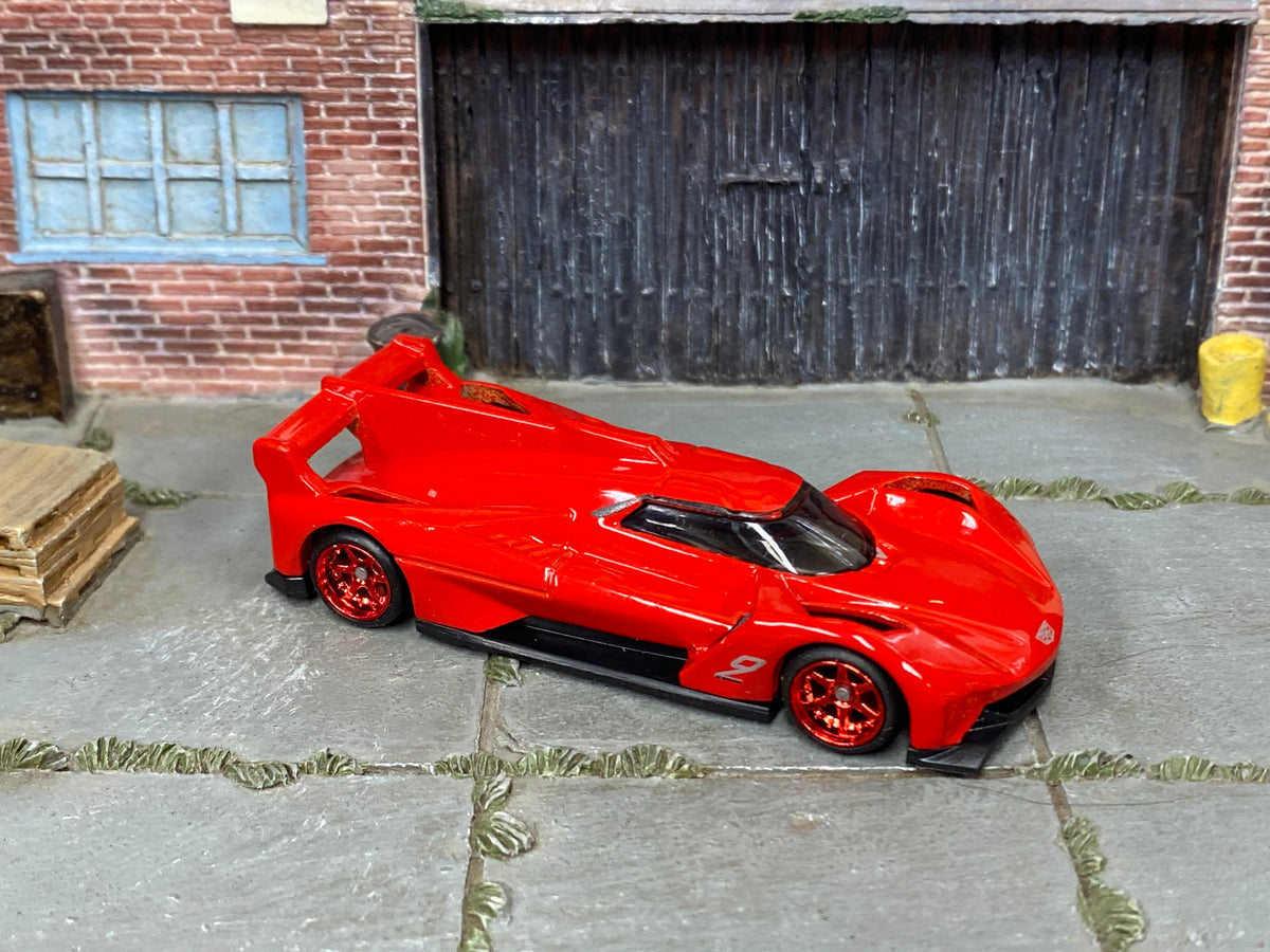 Czinger 21C custom Hot Wheels in red with red wheels and rubber tires