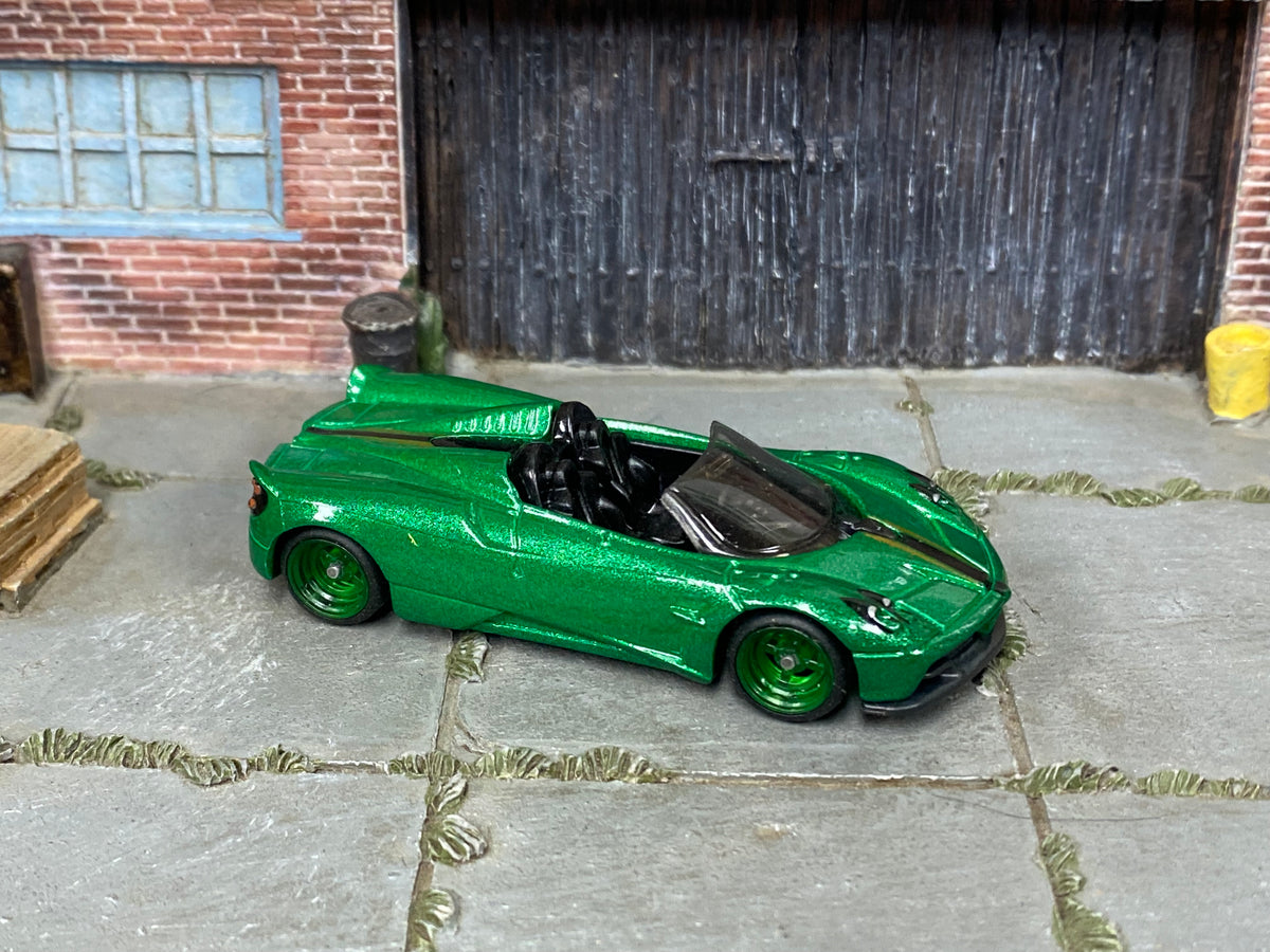 2017 Pagani Huayra Roadster custom Hot Wheels in metallic green with green wheels and rubber tires