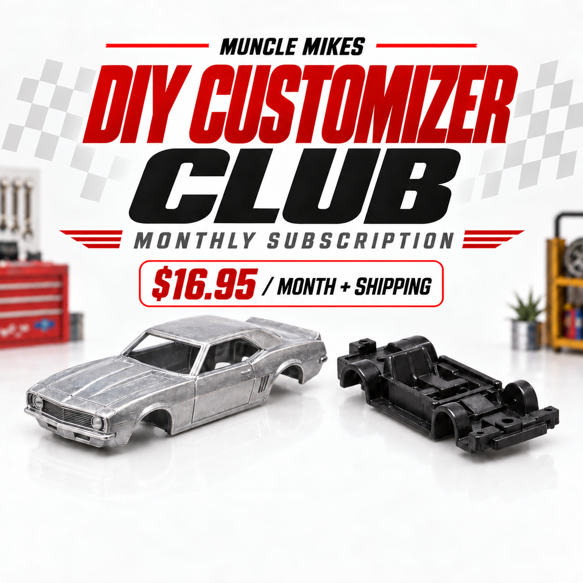 Muncle Mikes DIY Customizer Club with raw diecast body and chassis; wheels, tires, axles and tools not included