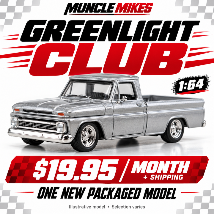 Muncle Mikes GreenLight 1:64 Club — one packaged diecast model monthly; illustration, selection varies