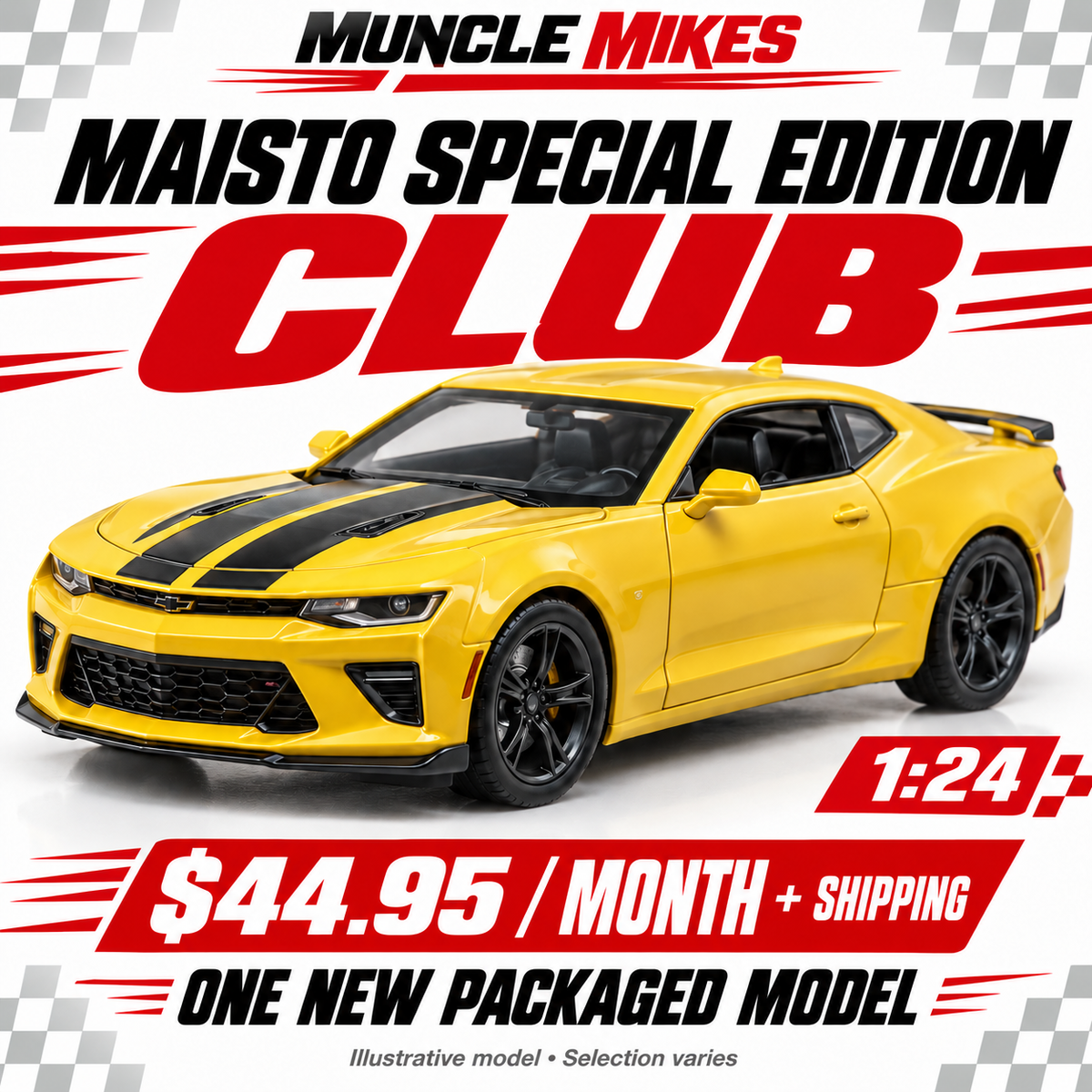 Muncle Mikes Maisto 1:24 Club — one packaged diecast model monthly; illustration, selection varies
