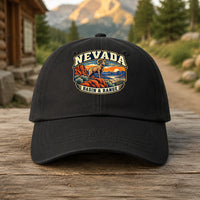 Nevada heritage badge on a black embroidered dad hat outdoors