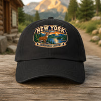 New York heritage badge on a black embroidered dad hat outdoors