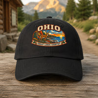 Ohio heritage badge on a black embroidered dad hat outdoors