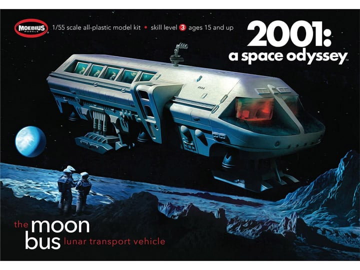 Moebius 2001-1 The Moon Bus 1/55 model kit package artwork showing the lunar transport vehicle