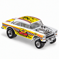 Outlaw Racing Original Yellow decal application mockup on the Hot Wheels ’55 Chevy Gasser with exposed engine and casting wheel openings.