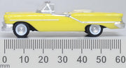 Oxford Diecast 87OC57001 1957 Oldsmobile 88 Convertible in Coronado Yellow with roof down, 1:87 scale model, side view with millimetre scale.