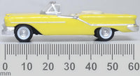 Oxford Diecast 87OC57001 1957 Oldsmobile 88 Convertible in Coronado Yellow with roof down, 1:87 scale model, side view with millimetre scale.