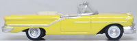 Oxford Diecast 87OC57001 1957 Oldsmobile 88 Convertible in Coronado Yellow with roof down, 1:87 scale model, right side view.