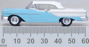 Oxford Diecast 87OC57002 1957 Oldsmobile 88 Convertible with roof up, Banff Blue and Alcan White, 1:87 scale model, side view with millimetre scale.